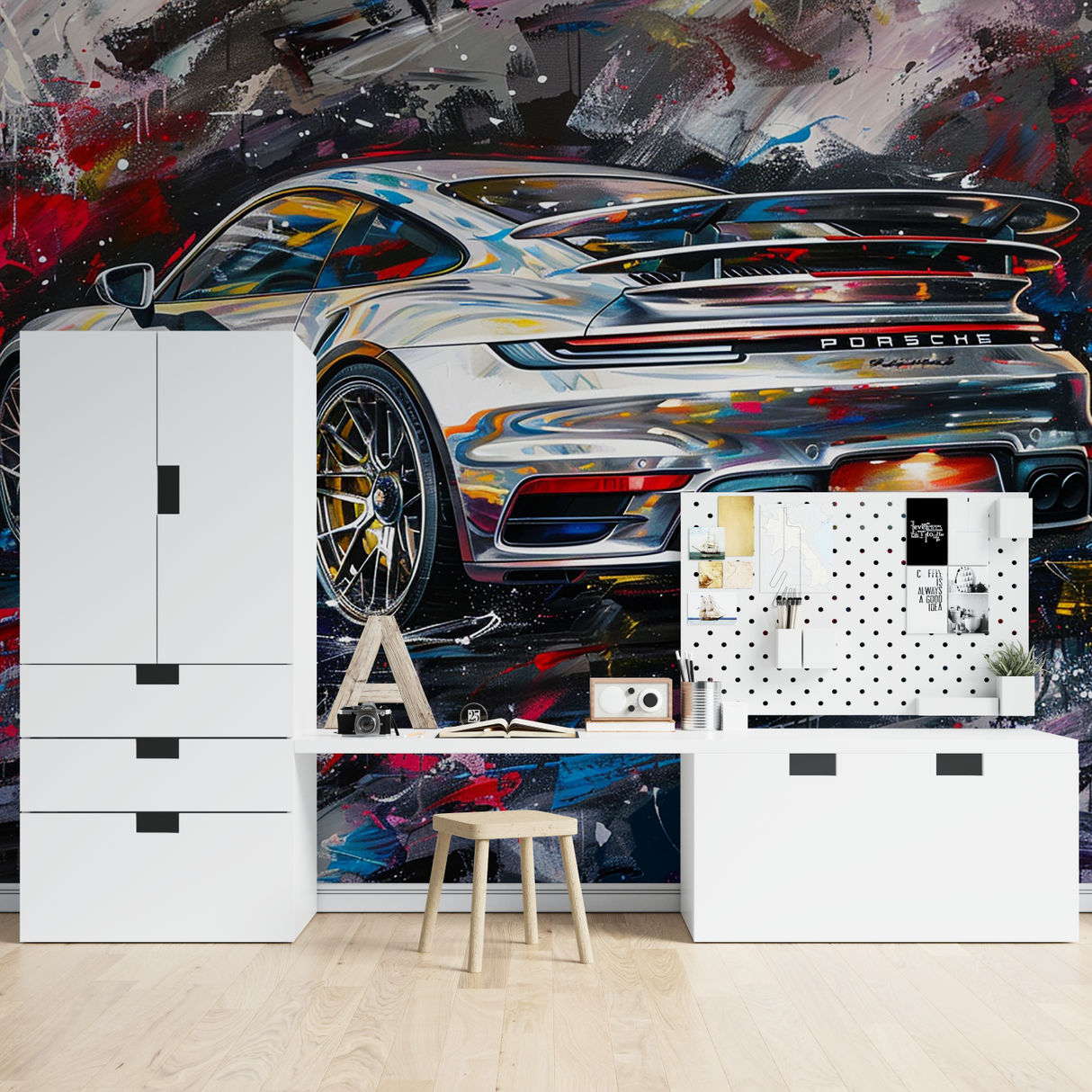 Sports Car Mural Wallpaper | Dynamic Porsche Street Art Design