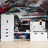 Sports Car Mural Wallpaper | Dynamic Porsche Street Art Design
