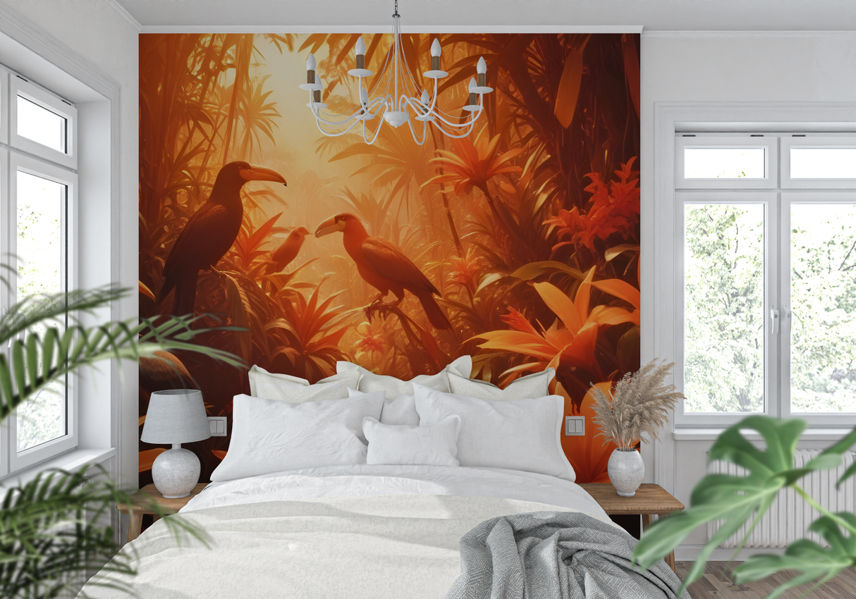 Tropical Birds Mural Wallpaper | Orange Jungle Sunset Scene