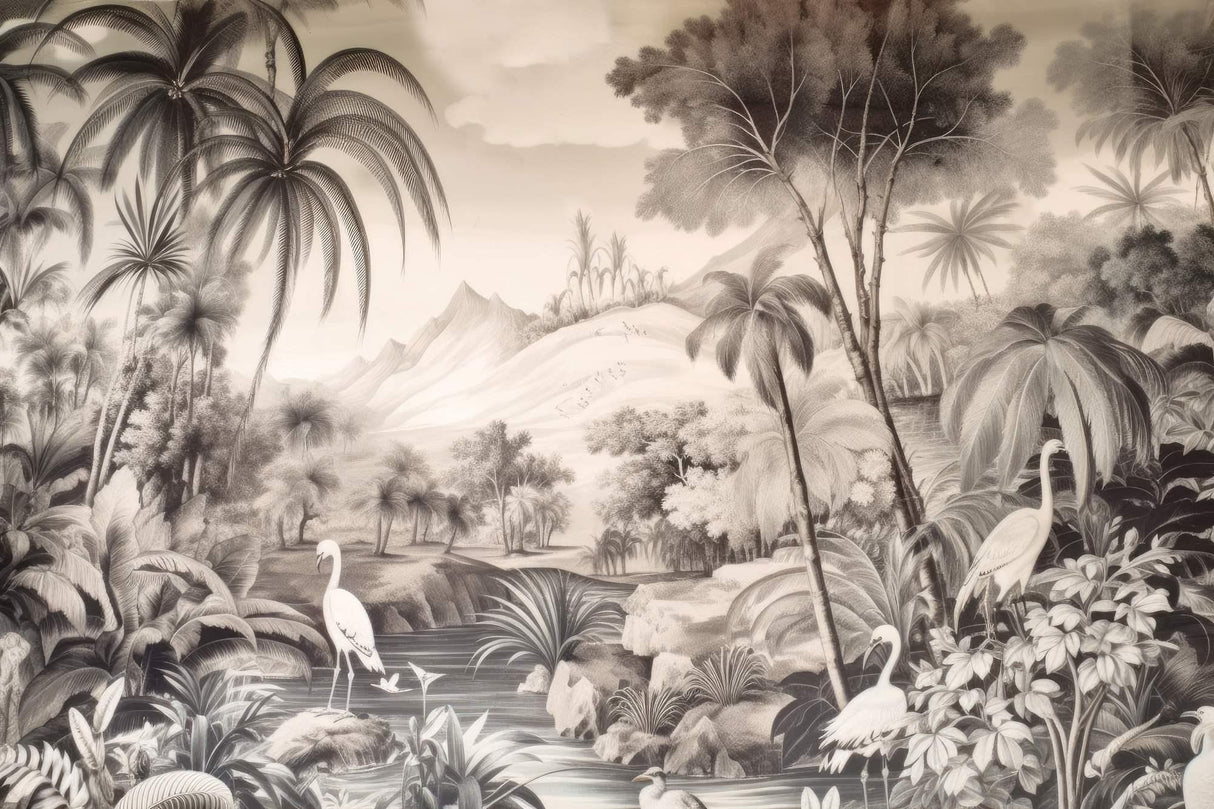 Tropical Paradise Mural Wallpaper | Monochrome Birds and Palm Trees