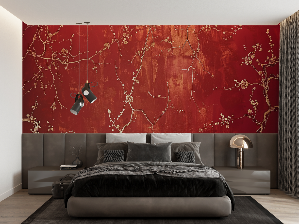 Cherry Blossom Mural Wallpaper | Red and Gold Asian Art