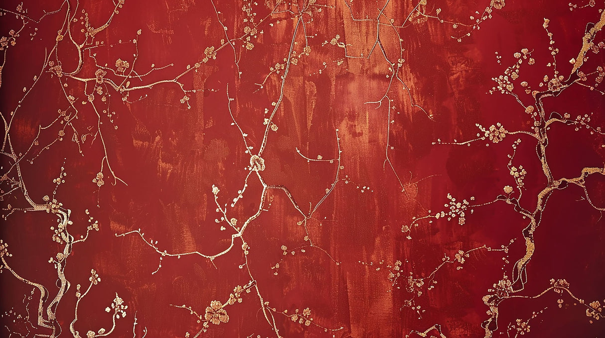 Cherry Blossom Mural Wallpaper | Red and Gold Asian Art