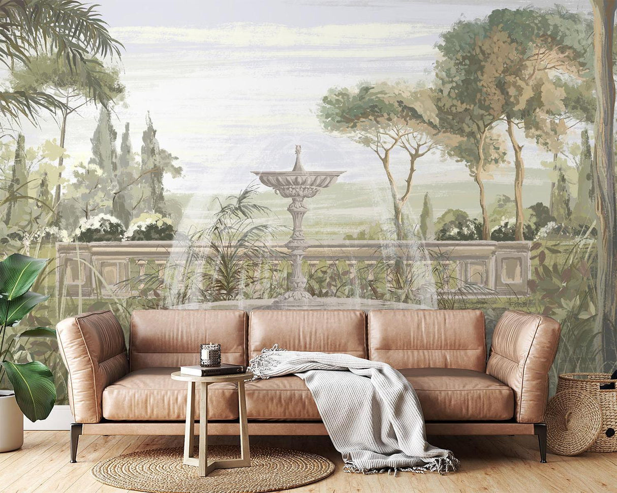 Papier Peint Mural de Jardin | Fontaine Vintage avec Palmiers