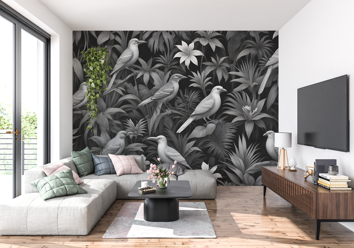 Tropical Birds Mural Wallpaper | Black and White Nature Design