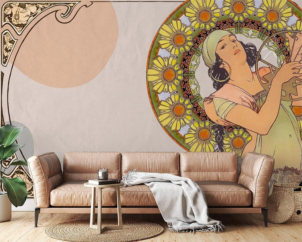Art Nouveau Mural Wallpaper | Sunflower Medallion Design