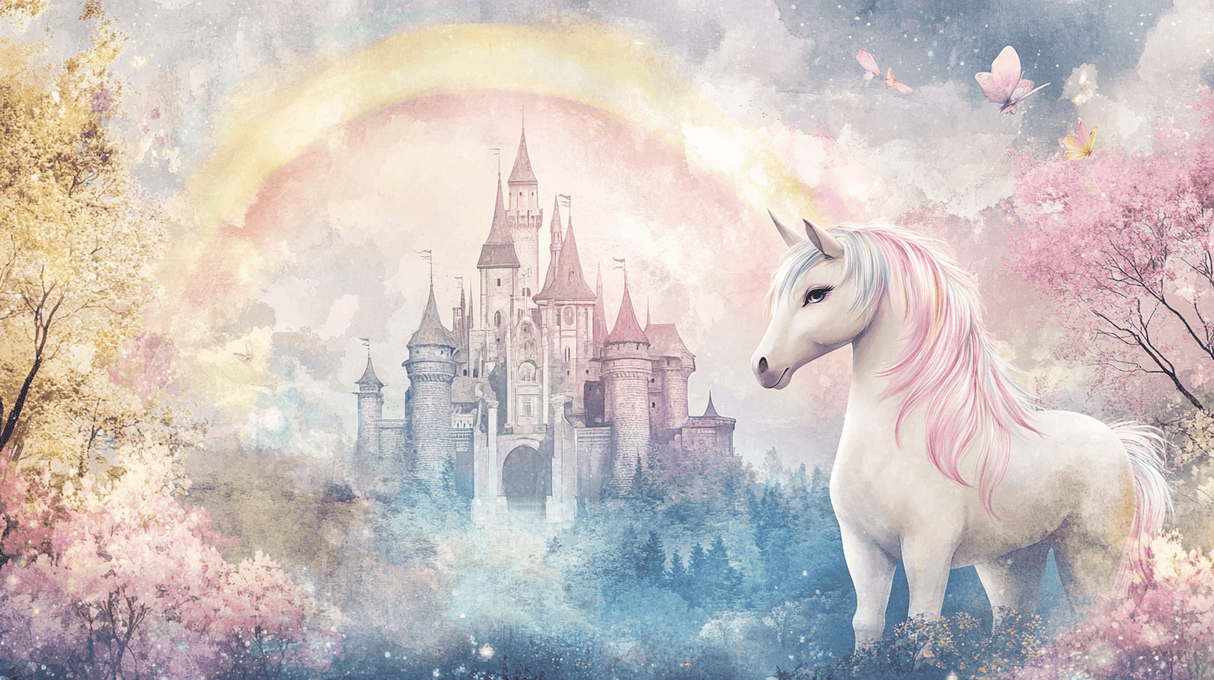 Princess Mural Wallpaper | Magical Unicorn and Castle with Rainbow