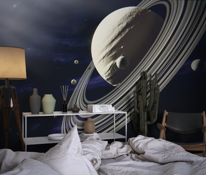 Space Mural Wallpaper | Saturn and Moons in Dark Universe