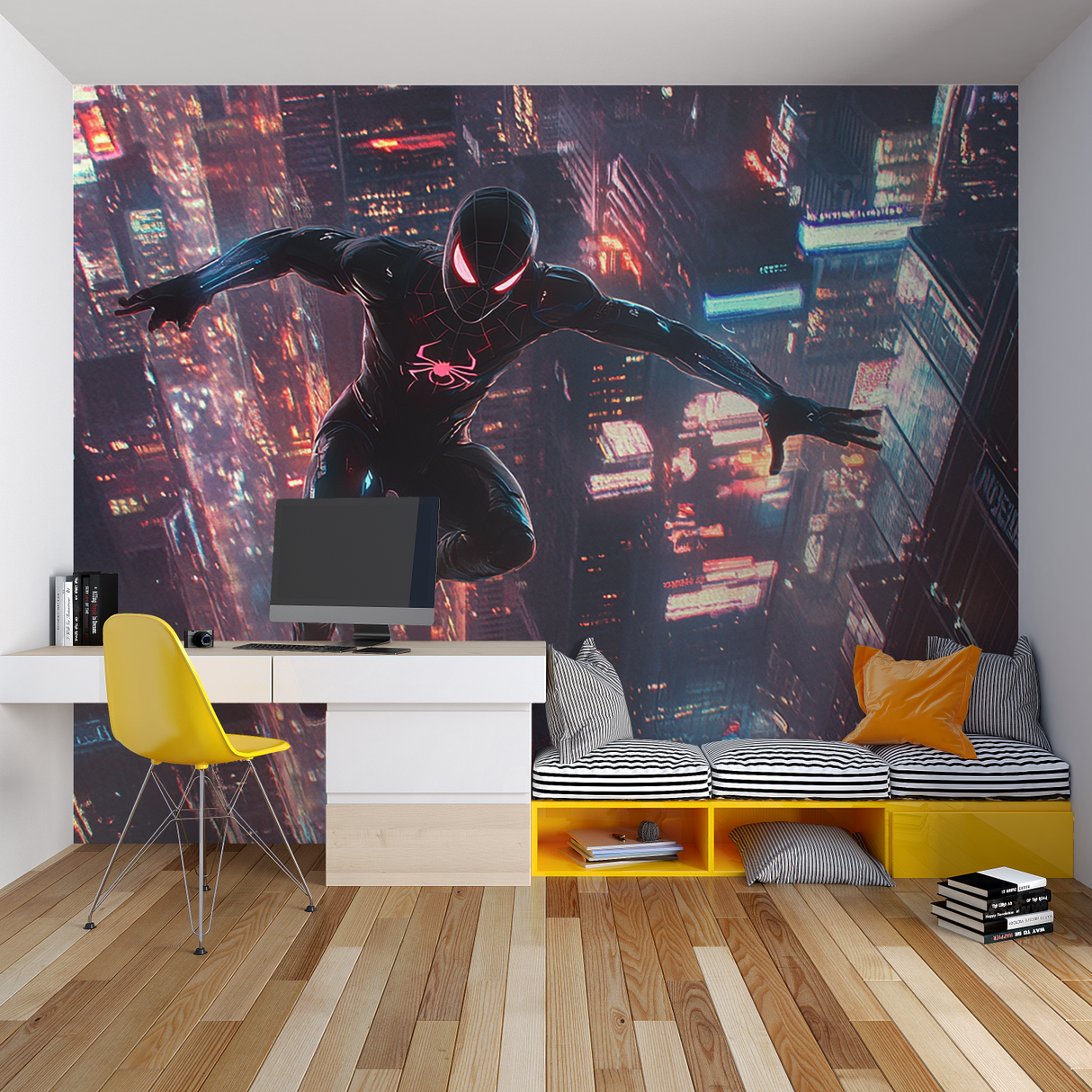 Superhero Mural Wallpaper | Night City Spiderman Action