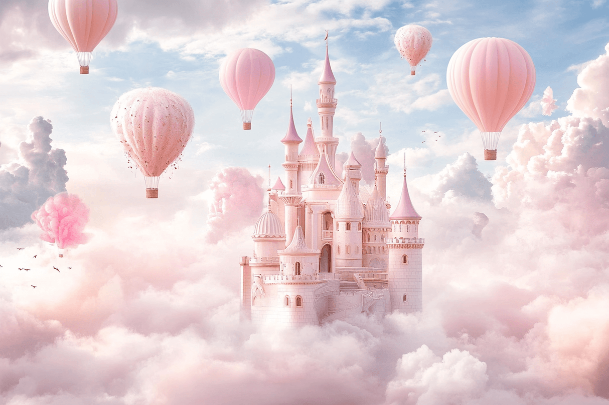 Princess Castle Mural Wallpaper | Pink Hot Air Balloons Fantasy