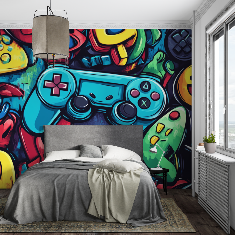 Gaming Mural Wallpaper | Colorful Retro Controller Graffiti