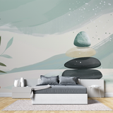Zen Mural Wallpaper | Balanced Stones and Mint Design