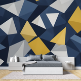 Geometric Mural Wallpaper | Modern Navy Blue and Gold Design