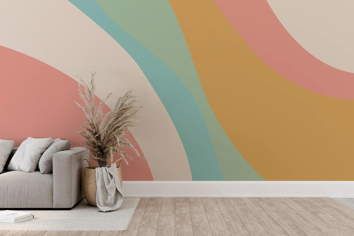 Rainbow Mural Wallpaper | Curved Pastel Waves Design