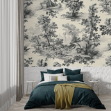 Vintage Mural Wallpaper | Toile de Jouy Grey Botanical Scene