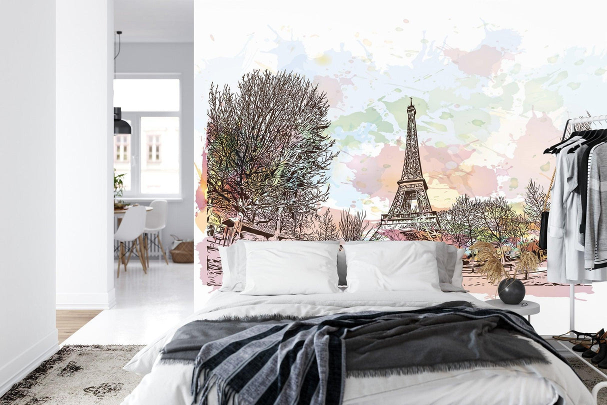 Paris Mural Wallpaper | Watercolor Eiffel Tower Scene