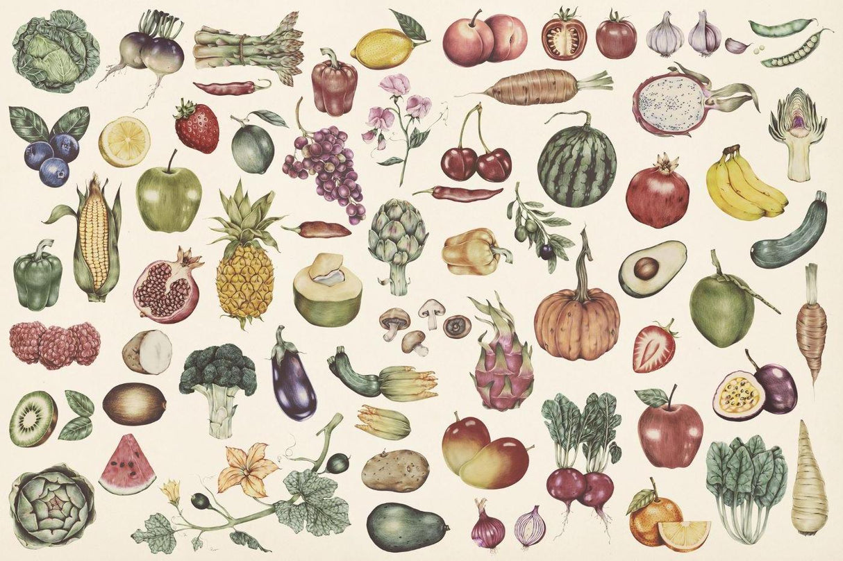 Kitchen Mural Wallpaper | Vintage Botanical Fruits and Vegetables