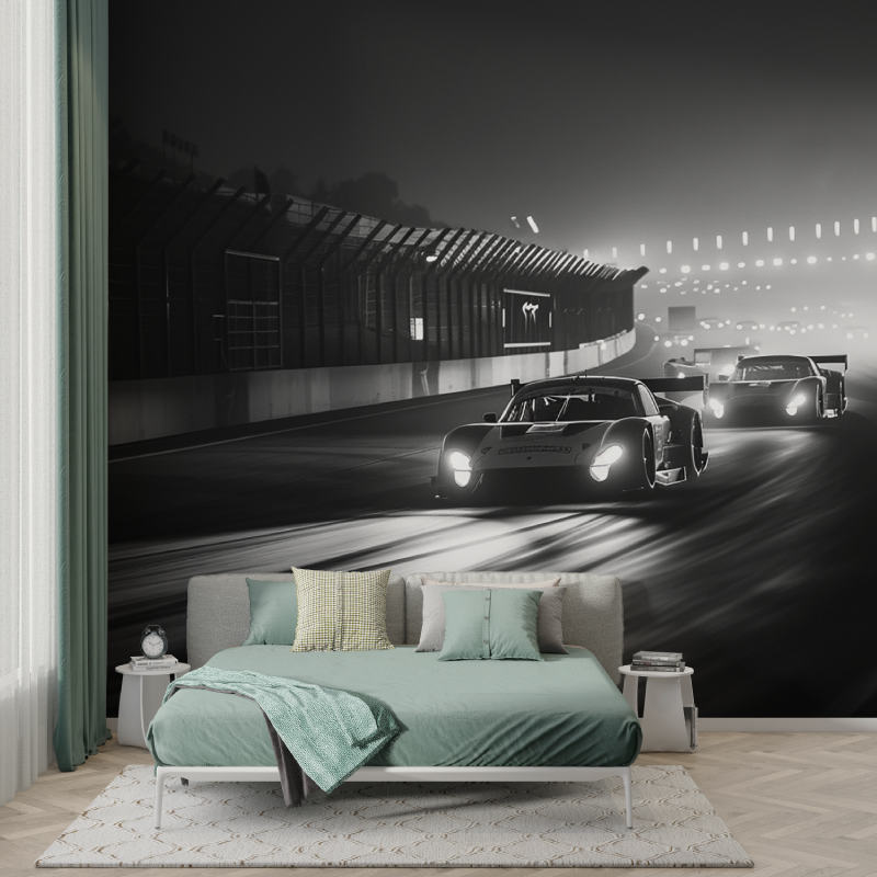Racing Car Mural Wallpaper | Black and White Dynamic Design