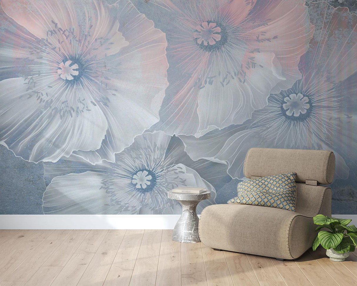 Floral Mural Wallpaper | Ethereal Blue and Pink Poppies