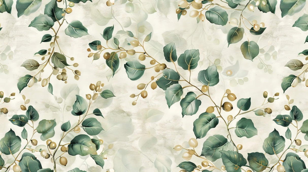 Floral Mural Wallpaper | Elegant Green Leaves with Golden Berries