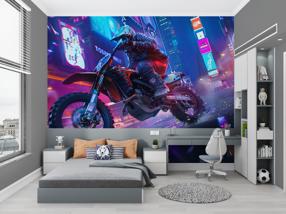 Cyberpunk Mural Wallpaper | Urban Motocross Night Scene