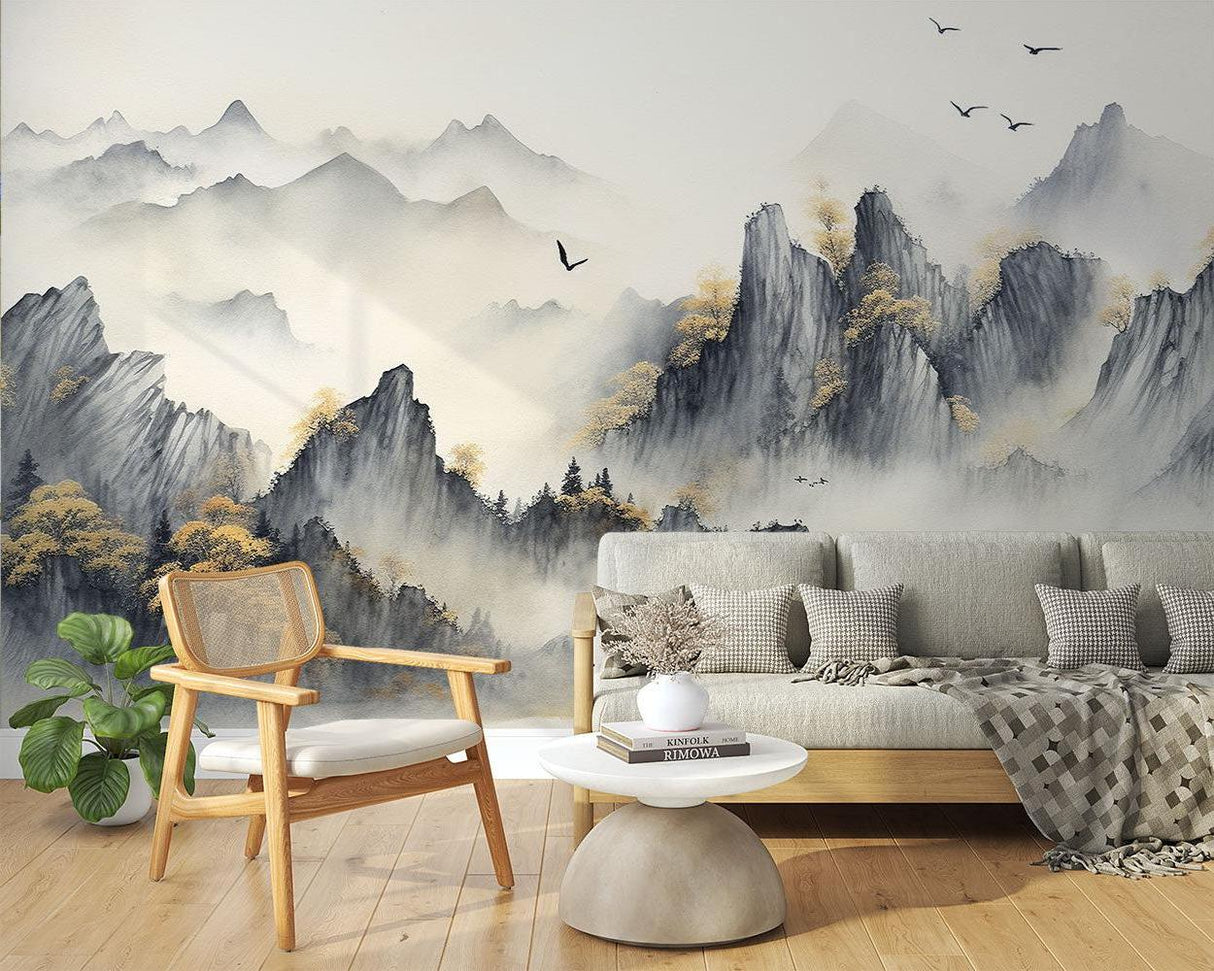 Mountain Mural Wallpaper | Japanese Watercolor Landscape with Birds
