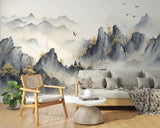Mountain Mural Wallpaper | Japanese Watercolor Landscape with Birds