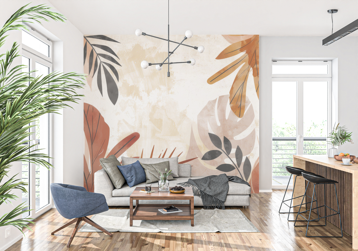 Tropical Mural Wallpaper | Abstract Terracotta and Black Leaves