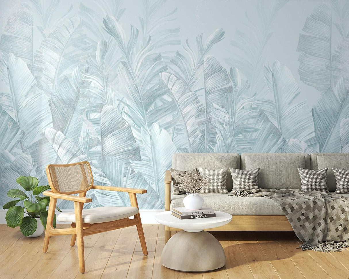 Tropical Mural Wallpaper | Soft Blue Palm Leaves Design