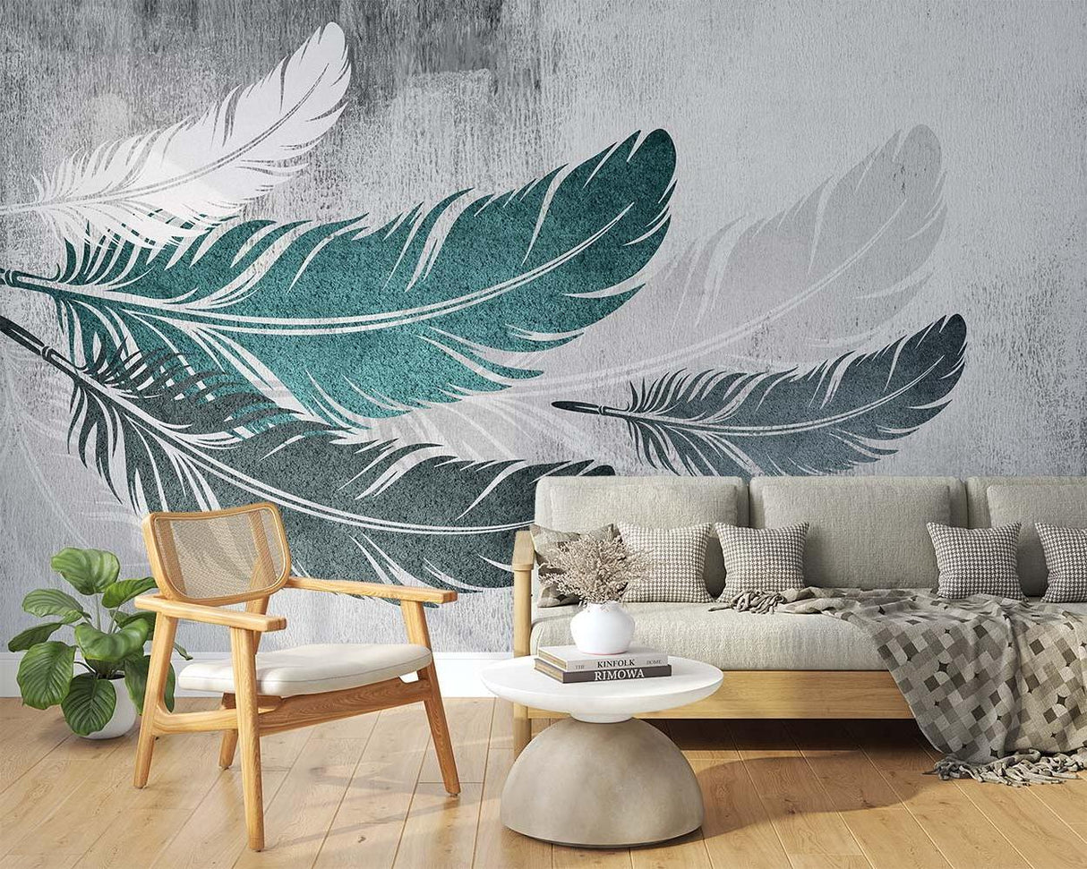 Feather Mural Wallpaper | Modern Teal and Grey Design