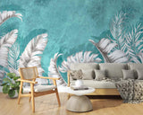 Tropical Mural Wallpaper | White Palm Leaves on Turquoise