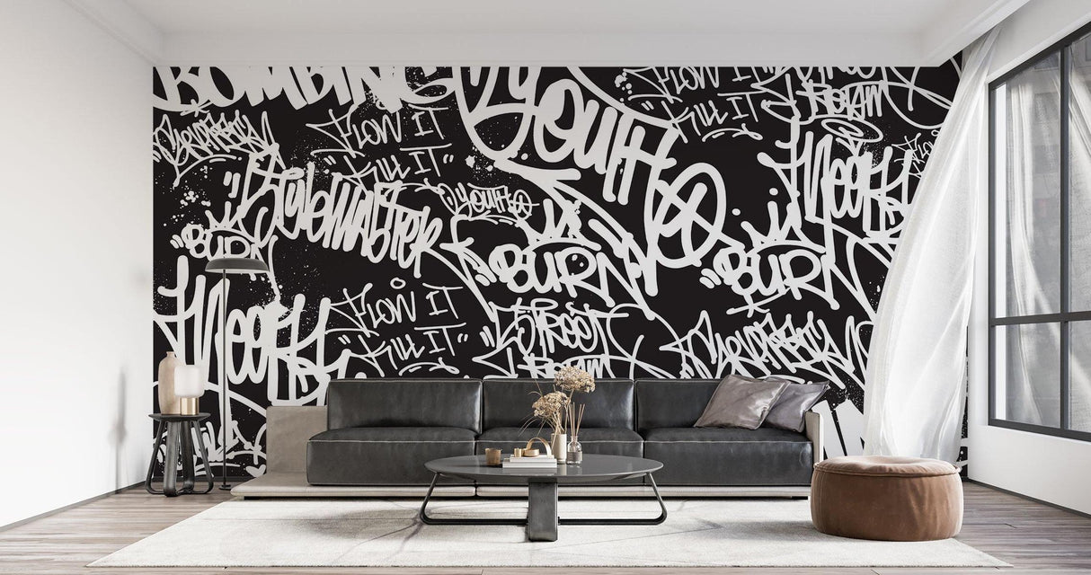 Graffiti Mural Wallpaper | Urban Black and White Street Art