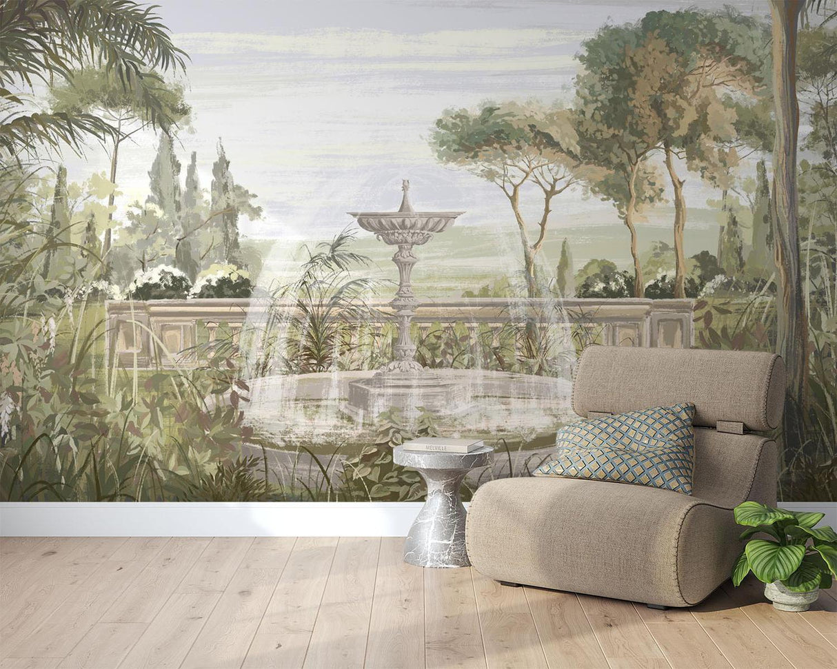 Papier Peint Mural de Jardin | Fontaine Vintage avec Palmiers
