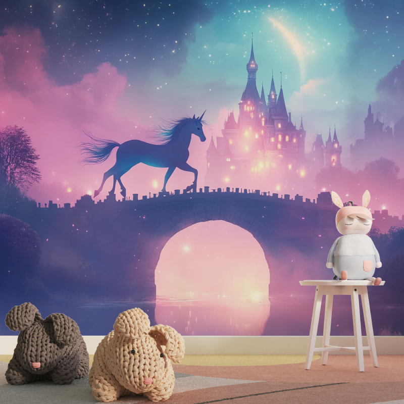 Unicorn Mural Wallpaper | Magical Castle in Pink Twilight Sky
