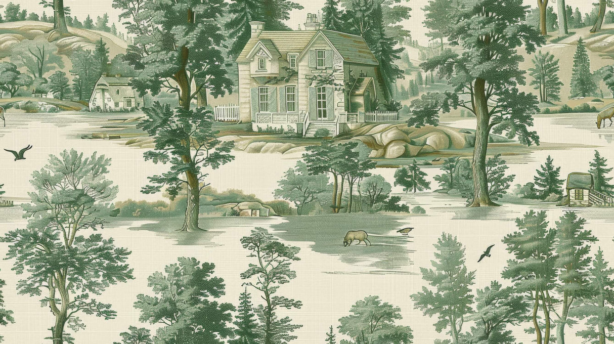 Vintage Mural Wallpaper | Pastoral Toile de Jouy in Green