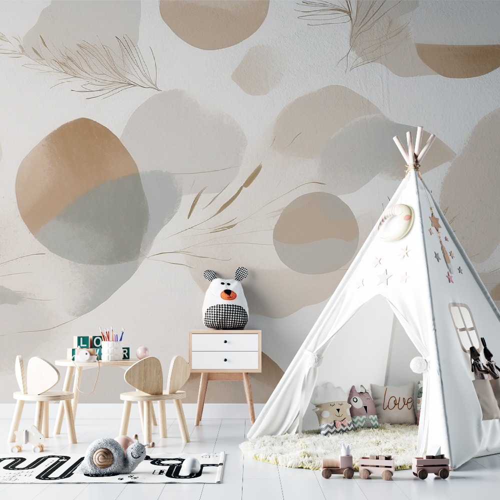 Abstract Mural Wallpaper | Beige Feather and Circles Design