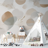 Abstract Mural Wallpaper | Beige Feather and Circles Design
