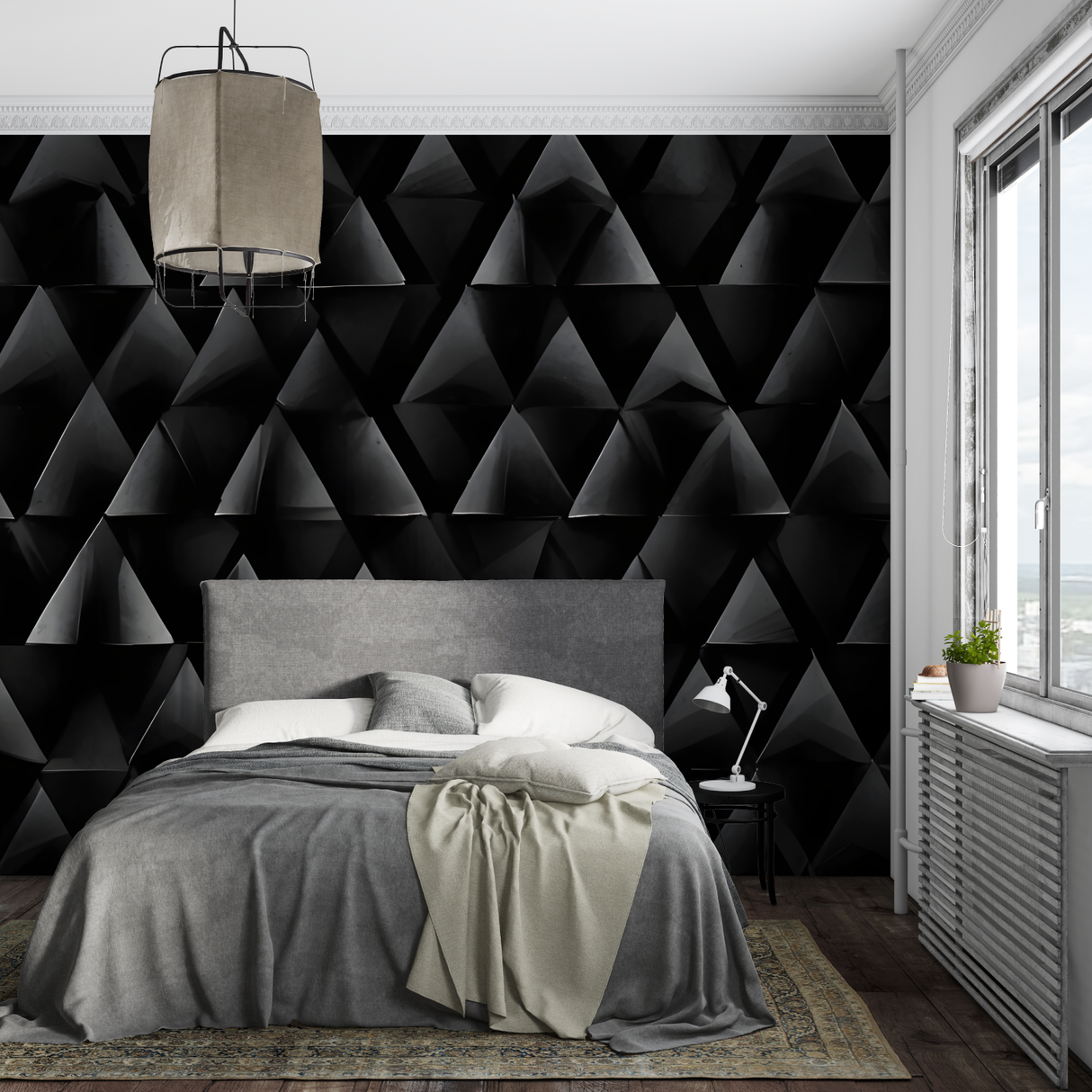 Geometric Mural Wallpaper | Black 3D Triangle Pattern