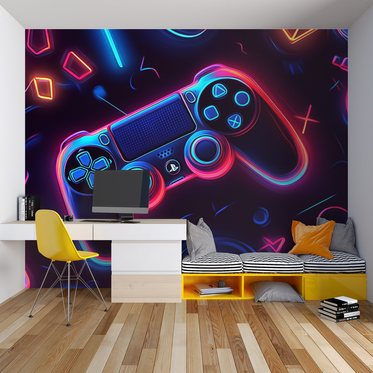 Gaming Mural Wallpaper | Neon PlayStation Controller Design