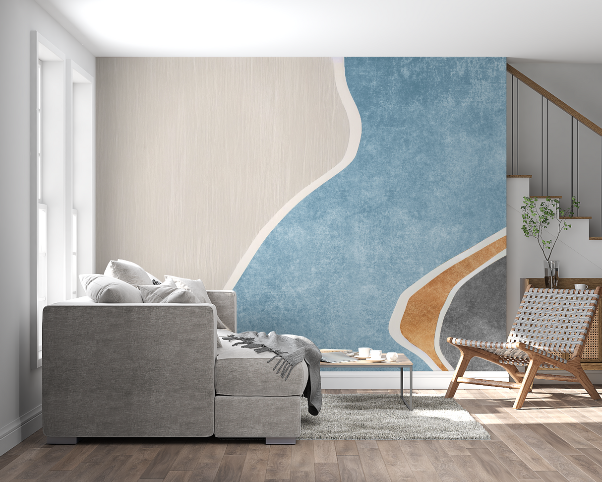 Abstract Mural Wallpaper | Blue and Terracotta Curved Design