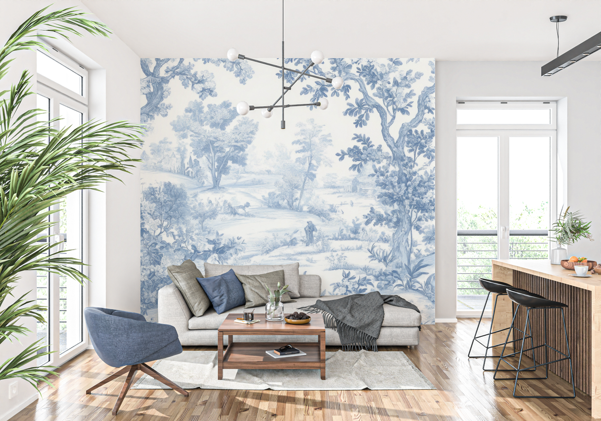 Toile de Jouy Mural Wallpaper | Classic Blue Forest Scene