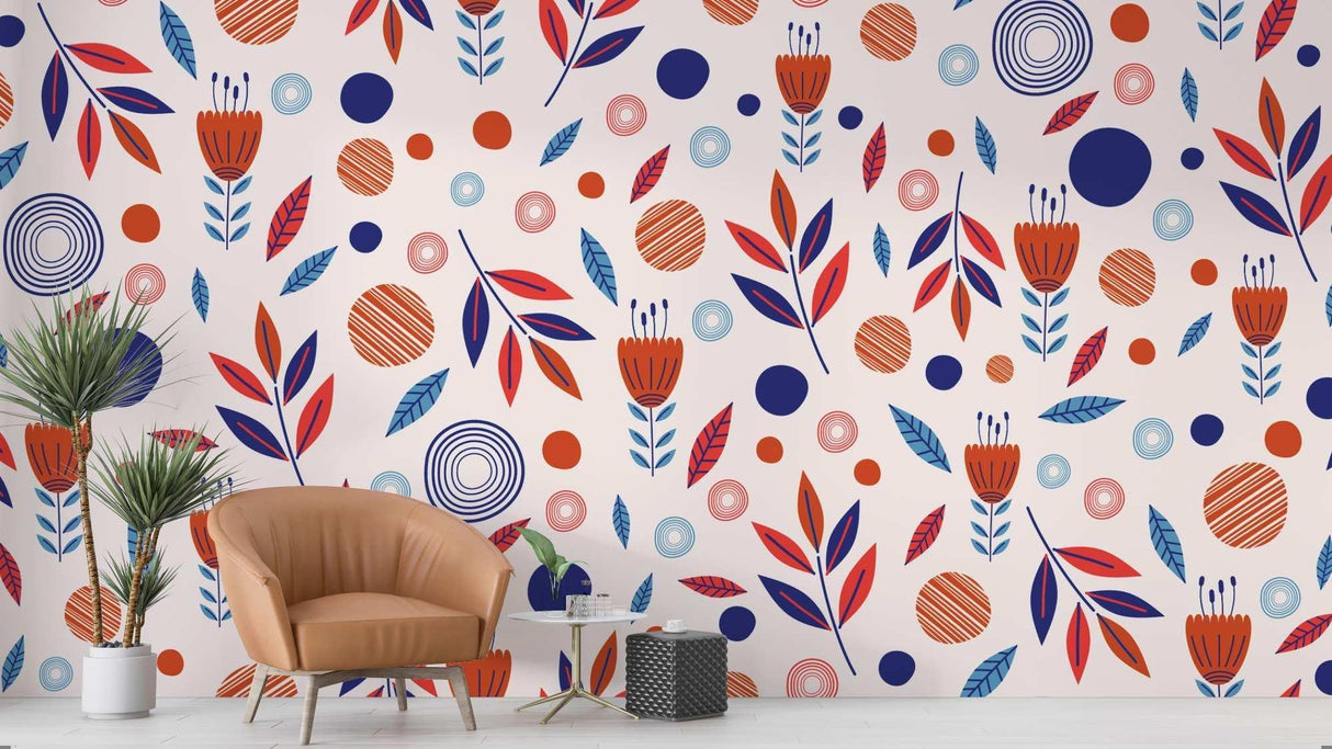 Floral Mural Wallpaper | Modern Scandinavian Pattern with Navy and Orange