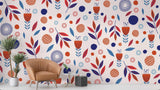 Floral Mural Wallpaper | Modern Scandinavian Pattern with Navy and Orange