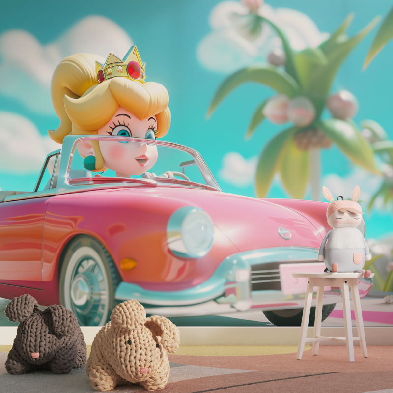 Princess Mural Wallpaper | Pink Convertible in Tropical Paradise
