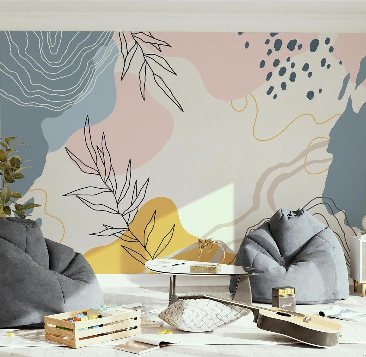 Abstract Mural Wallpaper | Botanical Line Art With Pastel Shapes