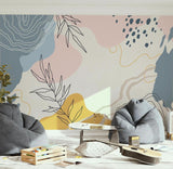 Abstract Mural Wallpaper | Botanical Line Art With Pastel Shapes