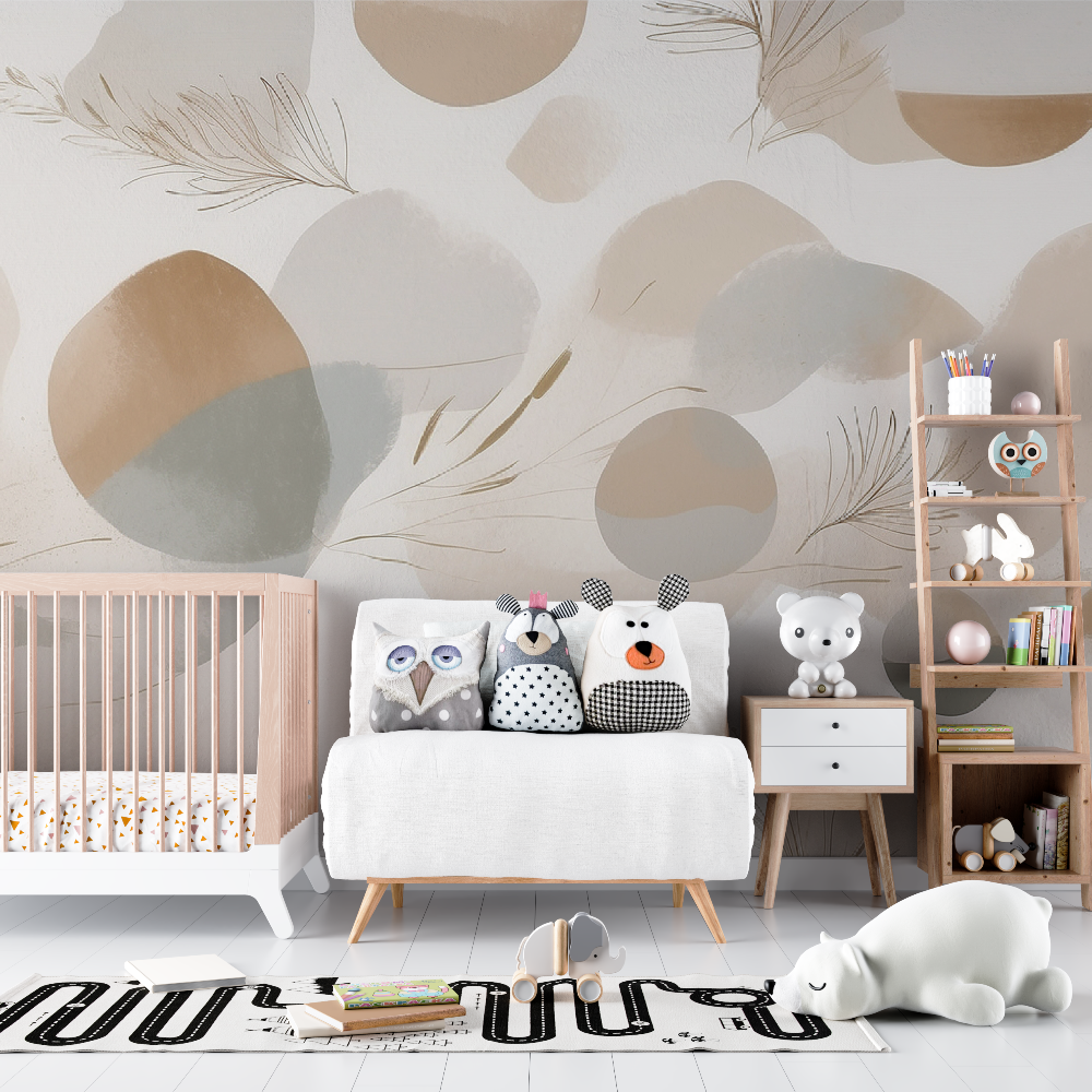 Abstract Mural Wallpaper | Beige Feather and Circles Design