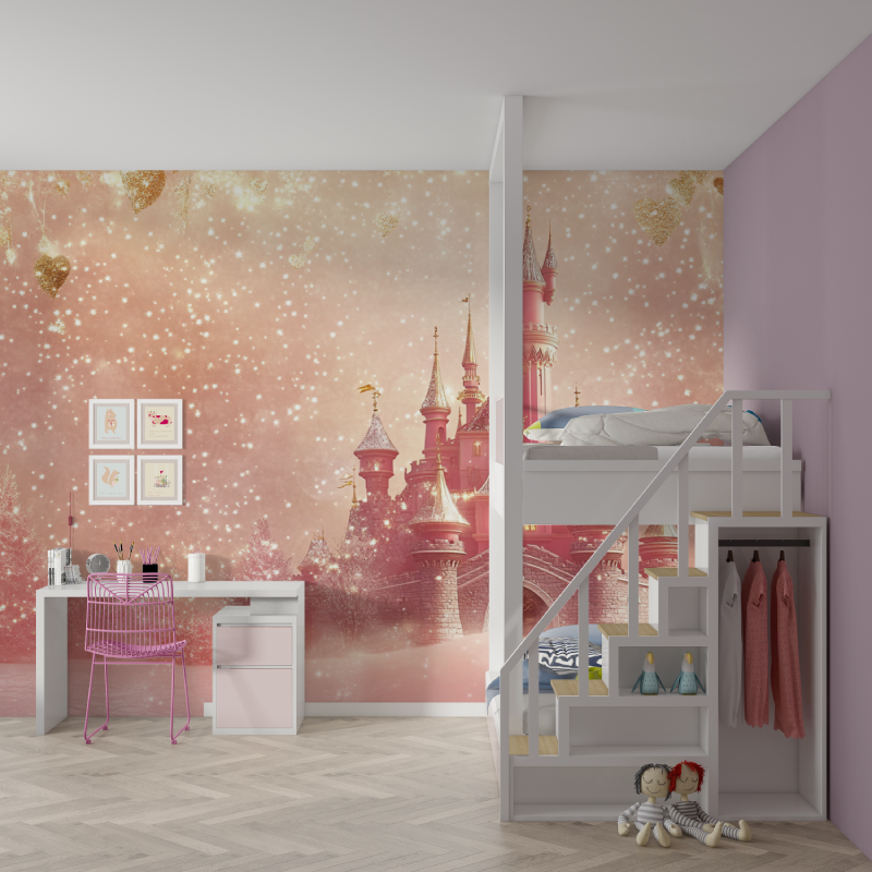 Princess Castle Mural Wallpaper | Magical Pink and Gold Design