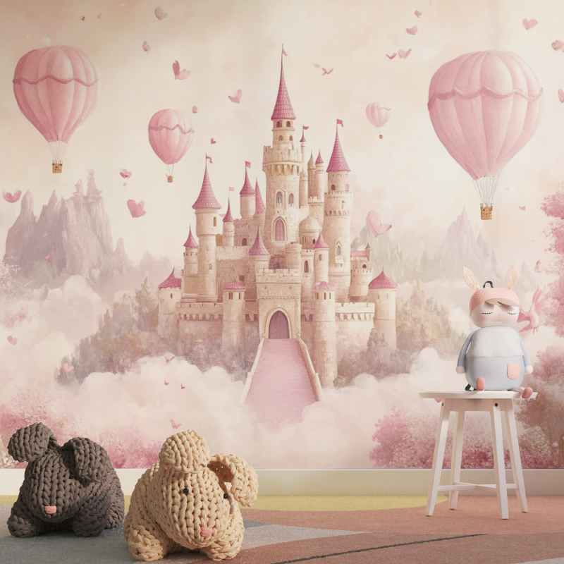 Princess Castle Mural Wallpaper | Pink Fantasy with Hot Air Balloons