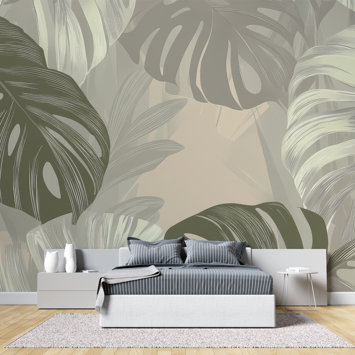 Monstera Mural Wallpaper | Elegant Green and Beige Design