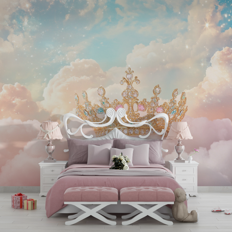 Princess Mural Wallpaper | Golden Crown with Dreamy Clouds